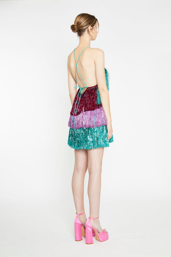 Glamorous Pink Teal Purple Tinsel Fringe Halterneck Mini-Dress