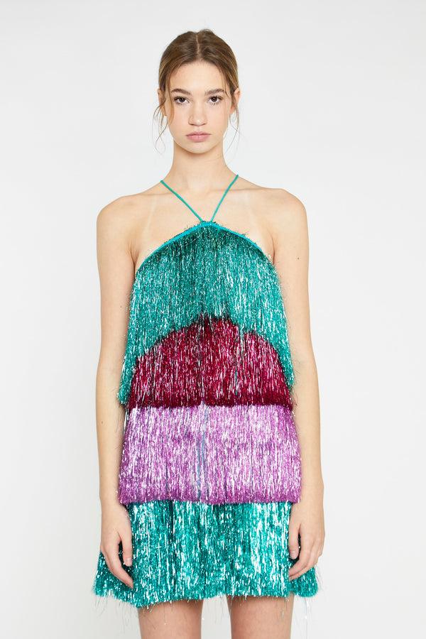 glamorous Pink Teal Purple Tinsel Fringe Halterneck Mini-Dress