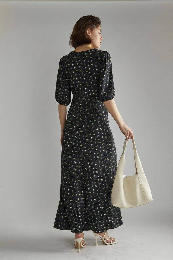 Glamorous Pink Vintage Bud-Floral V-neck Tea Midi-Dress