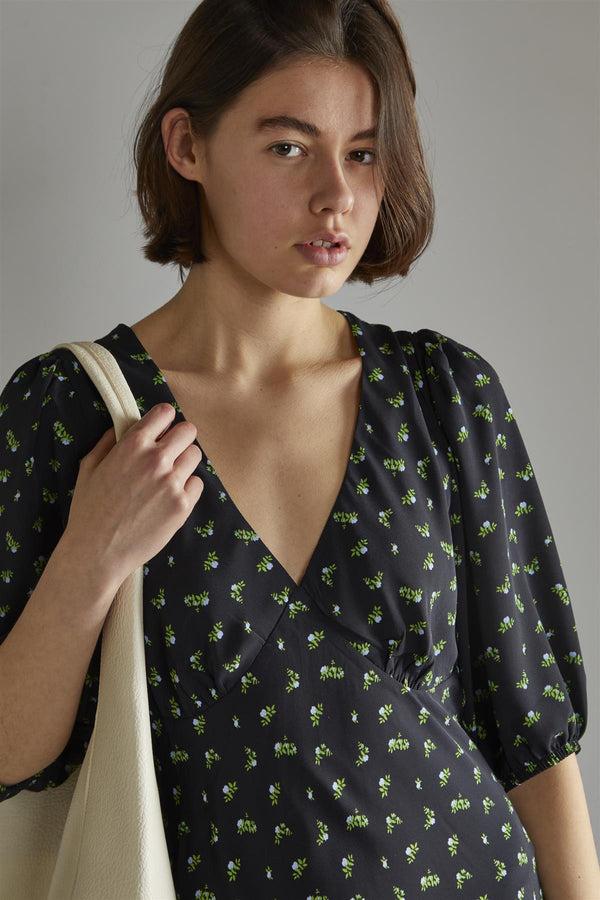 Glamorous Pink Vintage Bud-Floral V-neck Tea Midi-Dress