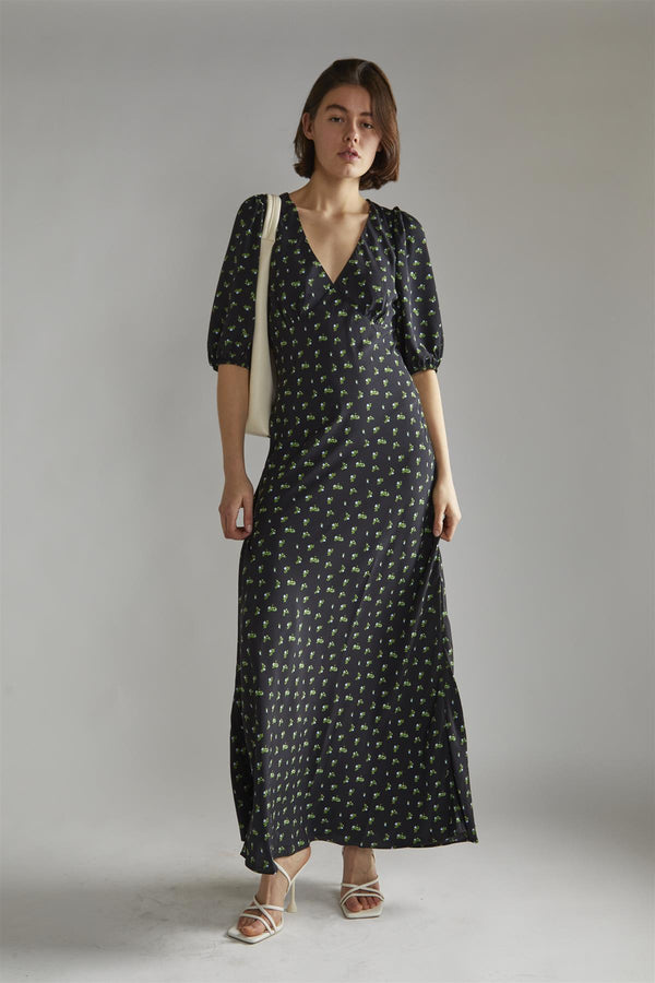 glamorous Pink Vintage Bud-Floral V-neck Tea Midi-Dress