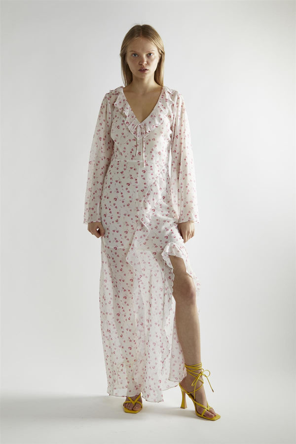 glamorous Pink Watercolour-Floral V-Neck Maxi-Dress