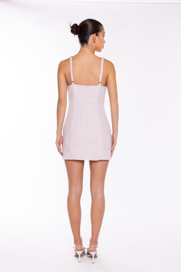 Glamorous Pink-White Tweed Diamante Trim Mini-Dress
