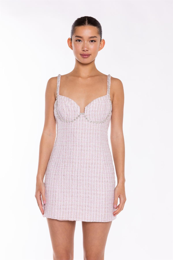 Glamorous Pink-White Tweed Diamante Trim Mini-Dress