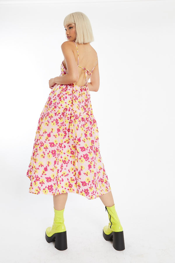 Glamorous Pink-Yellow Organza Empire-Line Tie-Back Loose-Fit Smock Midi-Dress