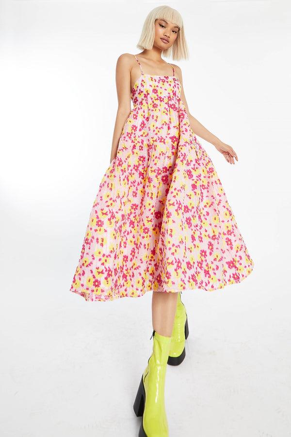Glamorous Pink-Yellow Organza Empire-Line Tie-Back Loose-Fit Smock Midi-Dress
