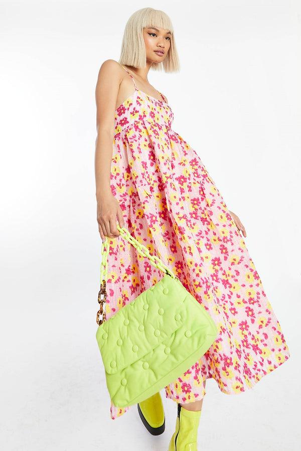 Glamorous Pink-Yellow Organza Empire-Line Tie-Back Loose-Fit Smock Midi-Dress