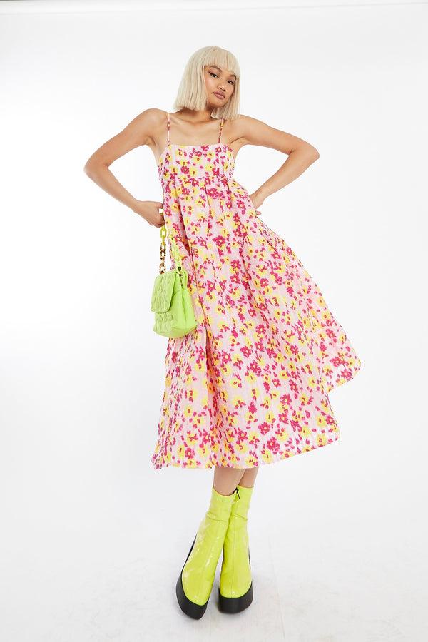 glamorous Pink-Yellow Organza Empire-Line Tie-Back Loose-Fit Smock Midi-Dress