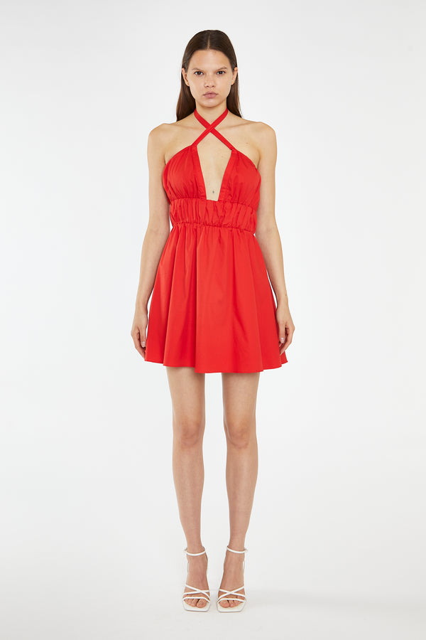 glamorous Poppy-Red Cross Over Halterneck Mini-Dress