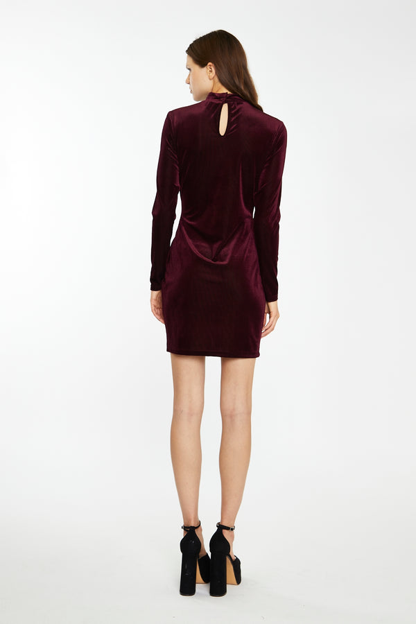 Glamorous Port-Red Velvet-Rib High-Neck Side-Split Mini-Dress