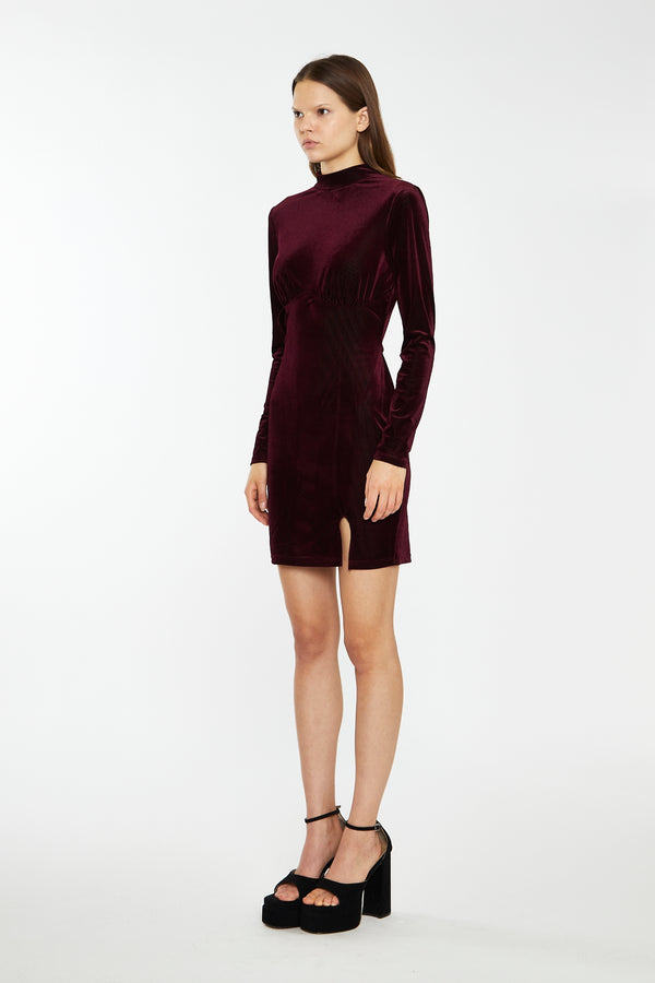 Glamorous Port-Red Velvet-Rib High-Neck Side-Split Mini-Dress