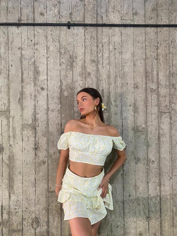 Glamorous Quinn Co-ord Gathered Bandeau Crop-Top -Pale-Yellow Ditsy