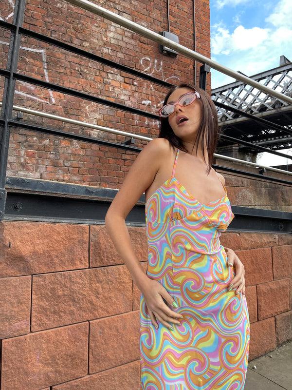 Glamorous Rainbow Swirl Asymmetric Hanky Hem Midi-dress