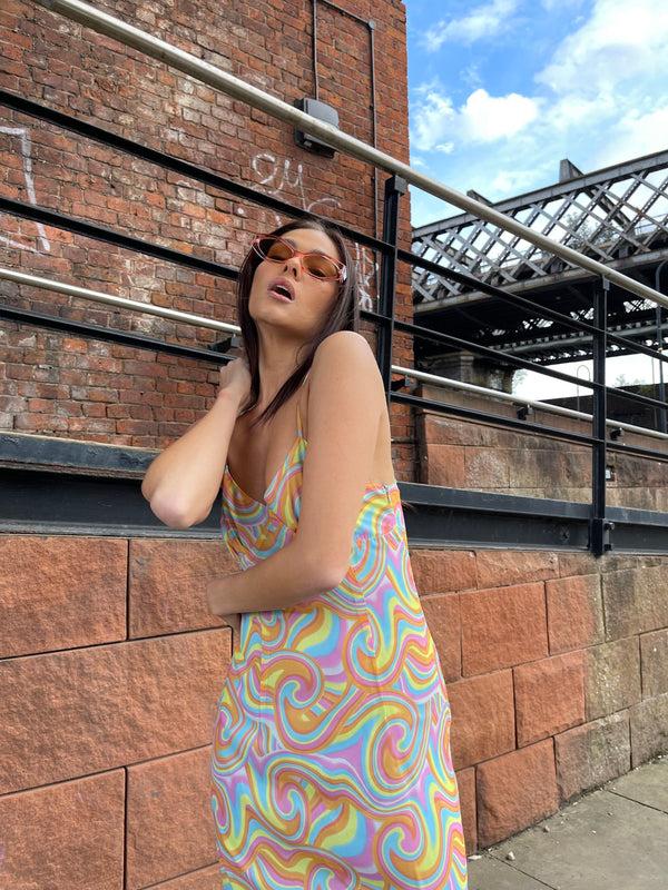 Glamorous Rainbow Swirl Asymmetric Hanky Hem Midi-dress