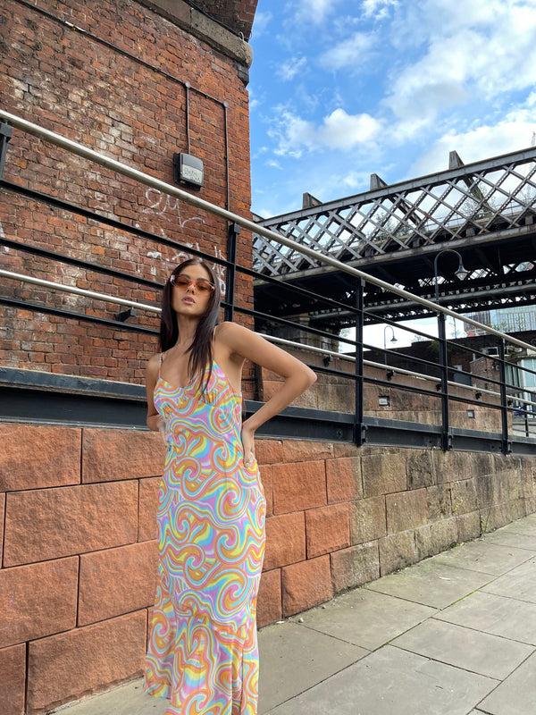 glamorous Rainbow Swirl Asymmetric Hanky Hem Midi-dress