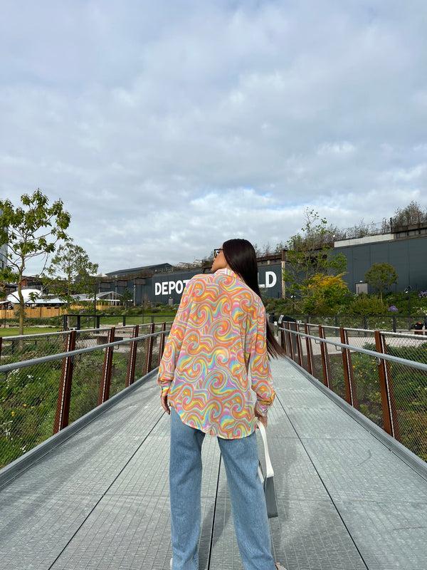 Glamorous Rainbow Swirl Button-Front Long Sleeve -shirt