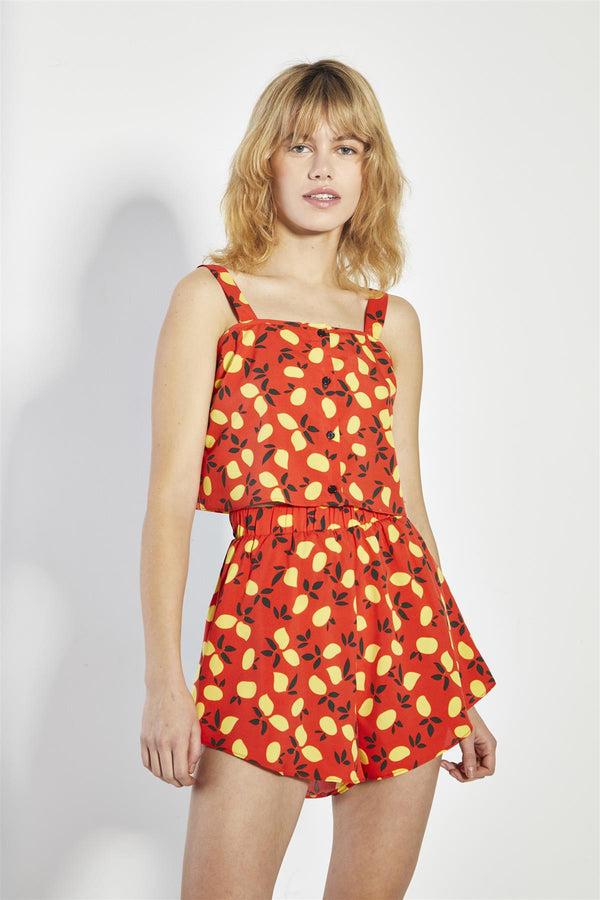 Glamorous Red-Lemon-Print High-Waisted Elasticated-Shorts