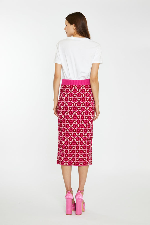 Glamorous Red-Pink Flower Check Intarsia Knit Midi-Skirt