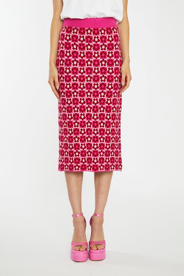 Glamorous Red-Pink Flower Check Intarsia Knit Midi-Skirt