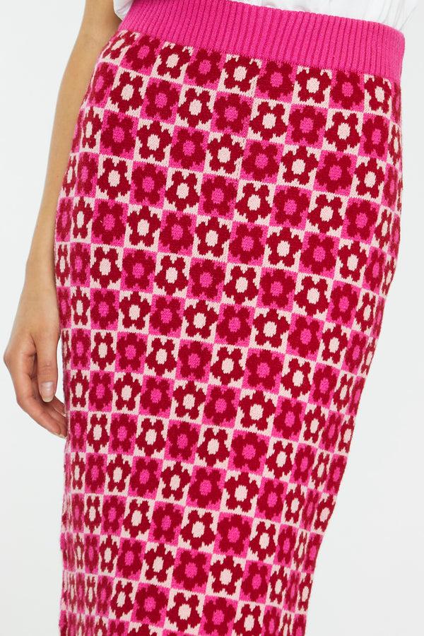 Glamorous Red-Pink Flower Check Intarsia Knit Midi-Skirt