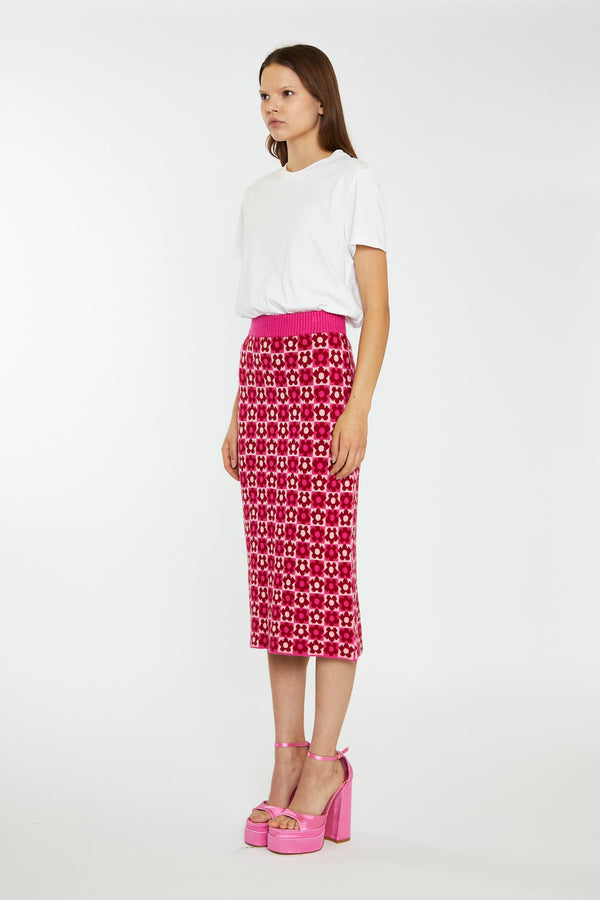 glamorous Red-Pink Flower Check Intarsia Knit Midi-Skirt