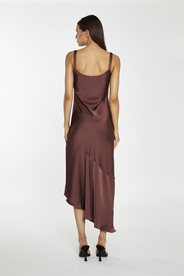 Glamorous Reddish-Brown Satin Bias-Cut Asymmetric-Dress
