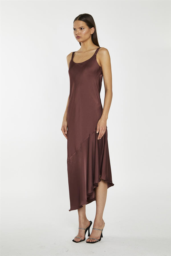 Glamorous Reddish-Brown Satin Bias-Cut Asymmetric-Dress