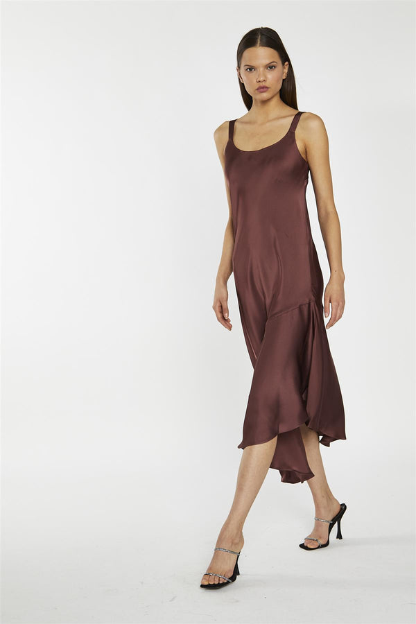 glamorous Reddish-Brown Satin Bias-Cut Asymmetric-Dress