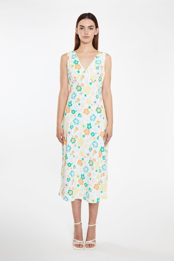 glamorous Retro Spring-Floral V-Neck Bias-Cut Maxi-Dress