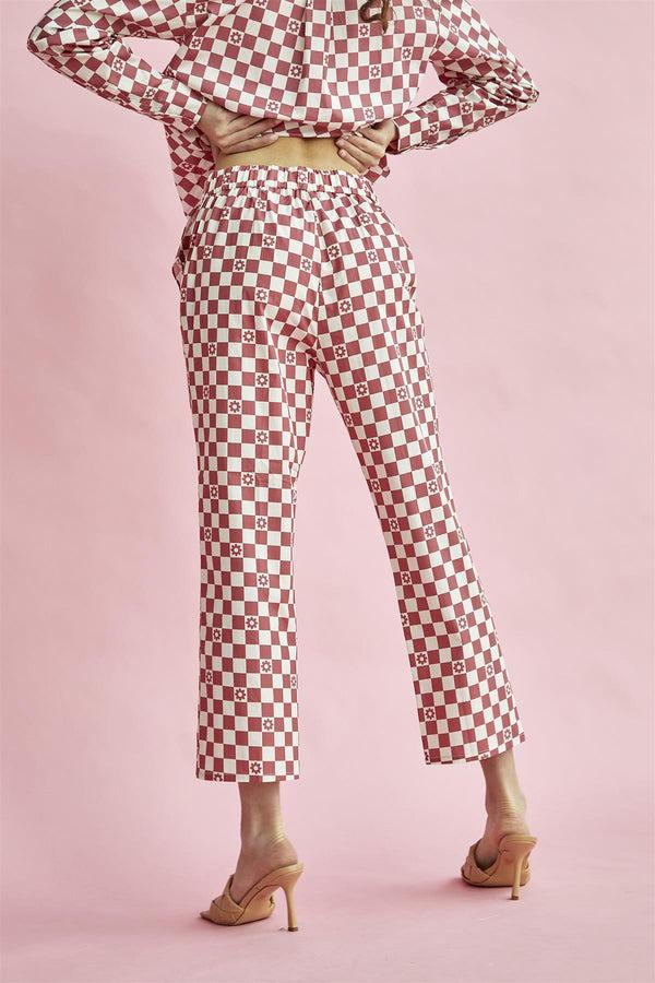 Glamorous Rose-Checkerboard Flower Cropped-Trousers