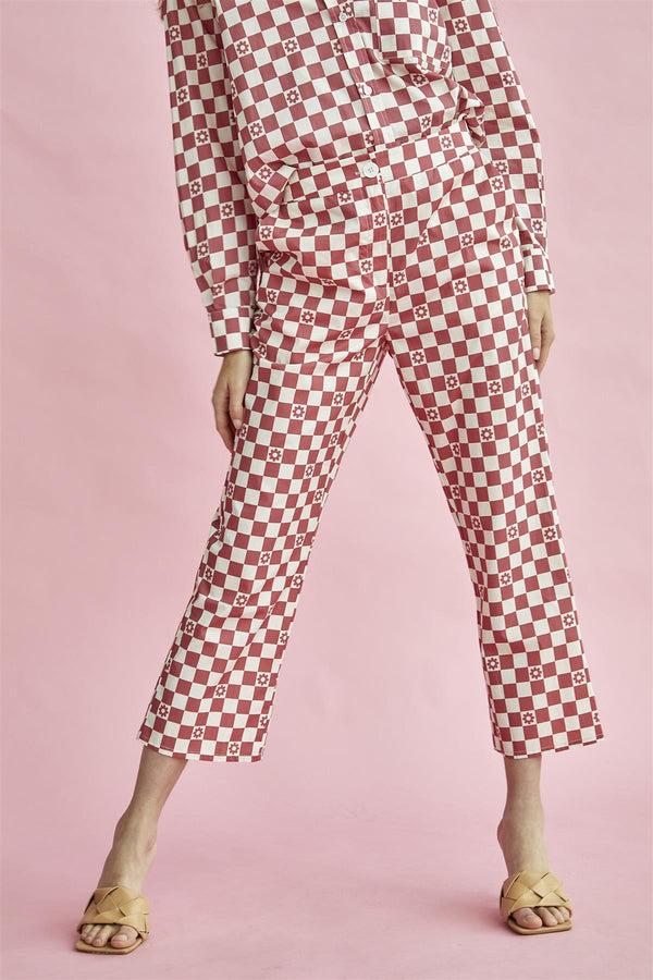 Glamorous Rose-Checkerboard Flower Cropped-Trousers