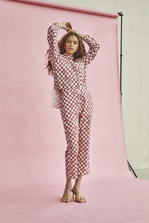 glamorous Rose-Checkerboard Flower Cropped-Trousers