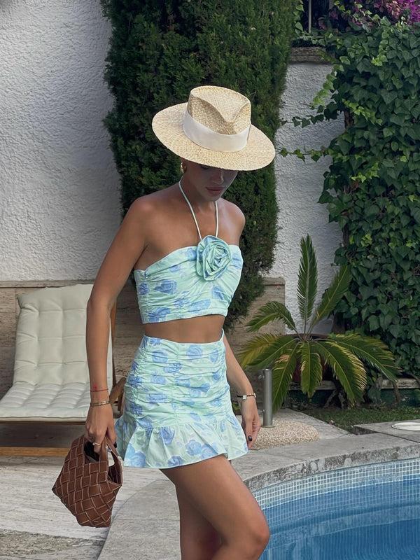 Glamorous Sasha Co-ord Gathered Mini-Skirt -Mint-Blue Floral
