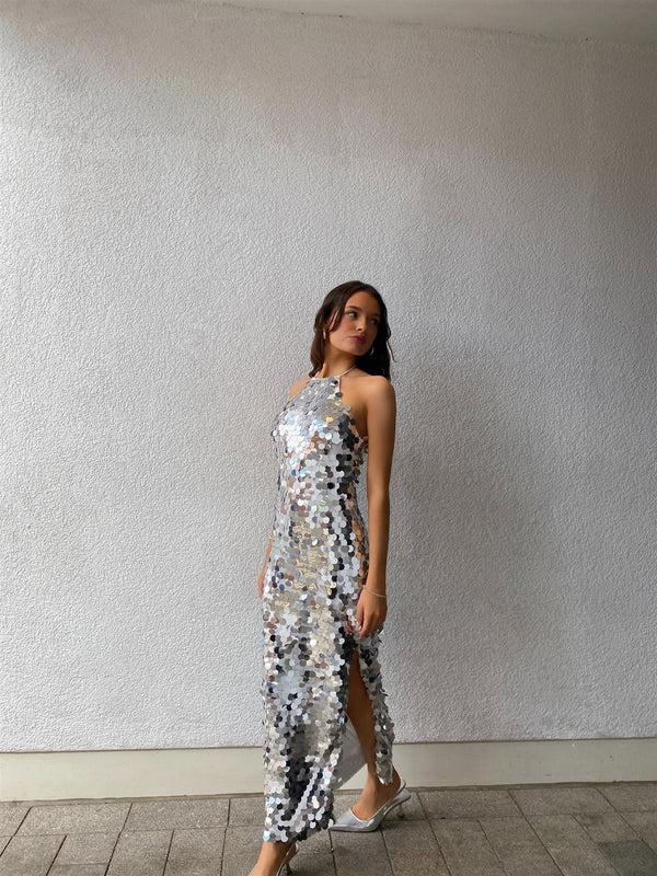 glamorous Selena Halterneck Sequin Maxi Dress -Silver