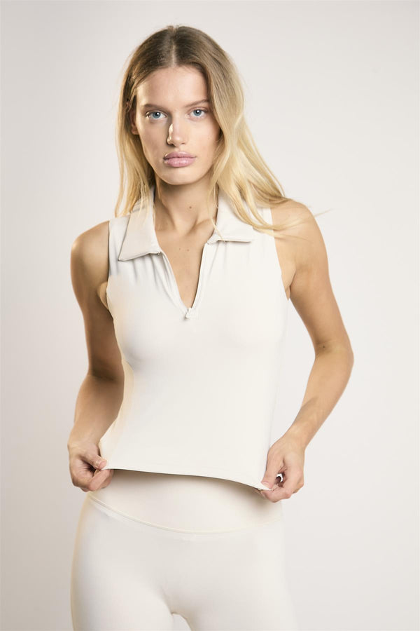 Glamorous Signature Off-White Collared-Sleeveless Crop-Top