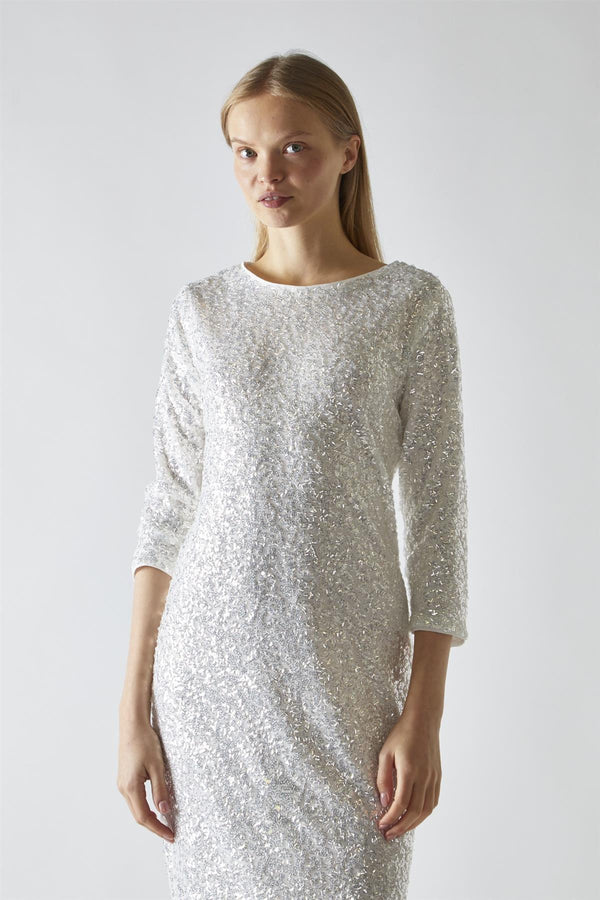 Glamorous Silver-Iridescent Sequin A-Line Midaxi-Dress
