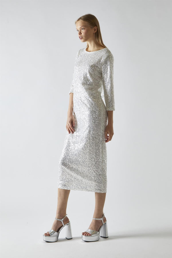 glamorous Silver-Iridescent Sequin A-Line Midaxi-Dress
