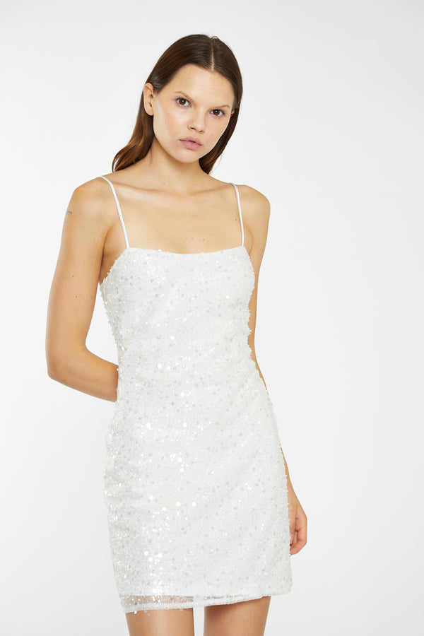 glamorous Silver Pearl-Sequin Strappy Bodycon Mini-Dress