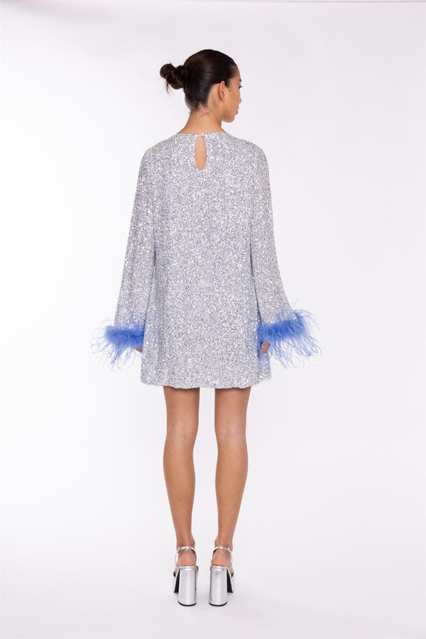 Glamorous Silver-Sequin Blue Feather-Cuff Mini-Dress