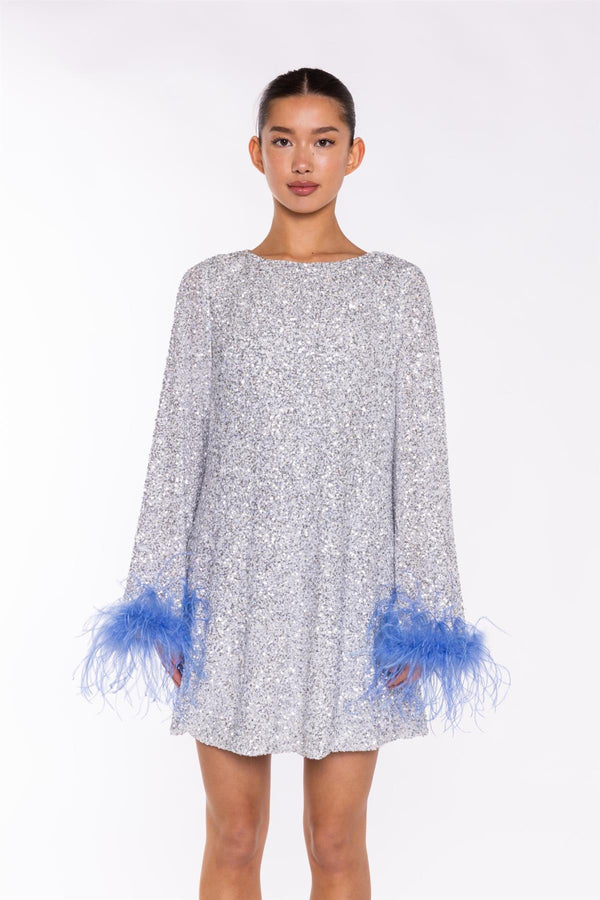 Glamorous Silver-Sequin Blue Feather-Cuff Mini-Dress