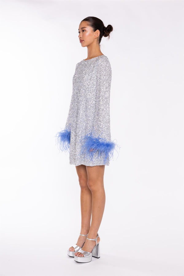 Glamorous Silver-Sequin Blue Feather-Cuff Mini-Dress
