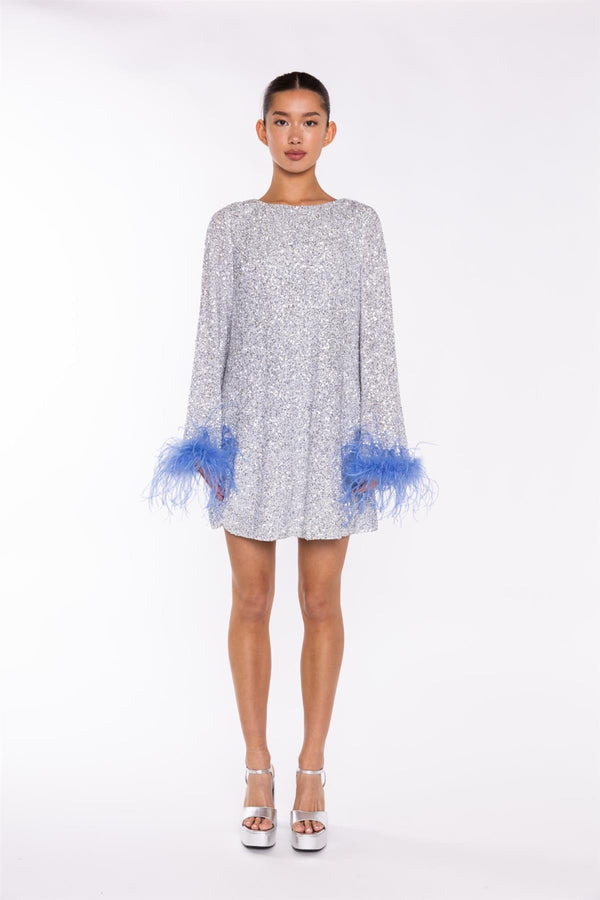 glamorous Silver-Sequin Blue Feather-Cuff Mini-Dress