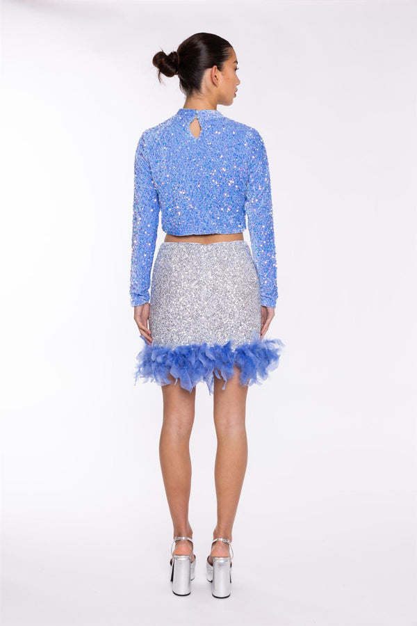 Glamorous Silver-Sequin Blue Feather-Hem Mini-Skirt