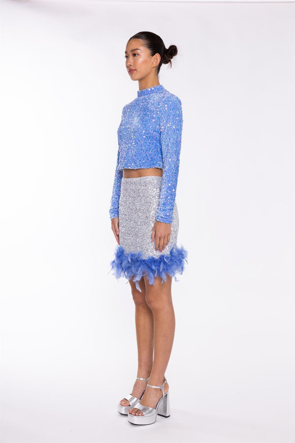 Glamorous Silver-Sequin Blue Feather-Hem Mini-Skirt