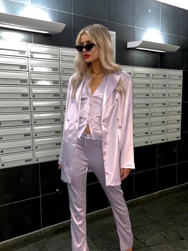 Glamorous Soft-Lilac Satin Double-Breasted Tailored Blazer