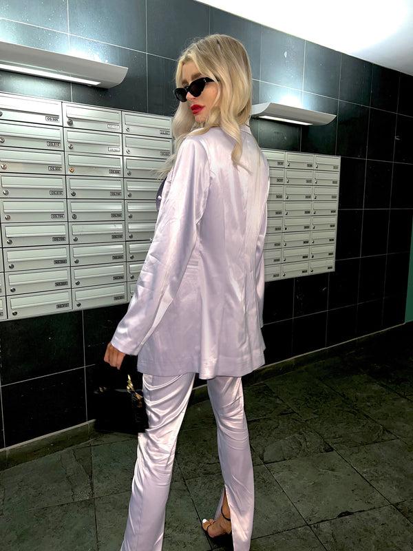 Glamorous Soft-Lilac Satin Double-Breasted Tailored Blazer