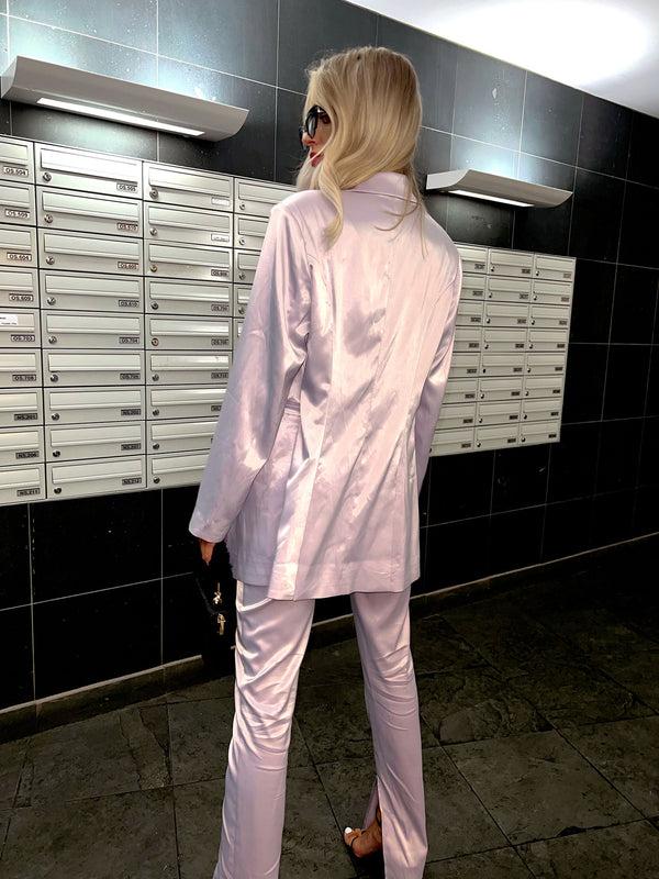 Glamorous Soft-Lilac Satin Double-Breasted Tailored Blazer