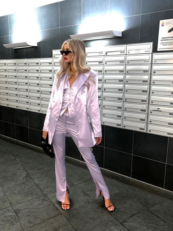 glamorous Soft-Lilac Satin Double-Breasted Tailored Blazer