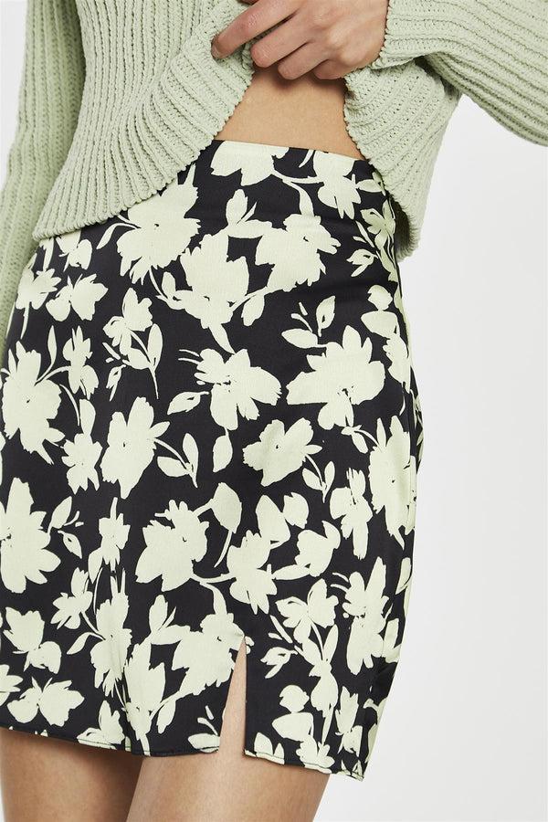 Glamorous Soft-Lime Black-Floral Notch-Split Mini-Skirt