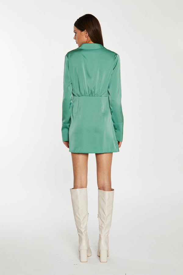 Glamorous Spruce-Green Satin Collared Wrap Mini-Dress